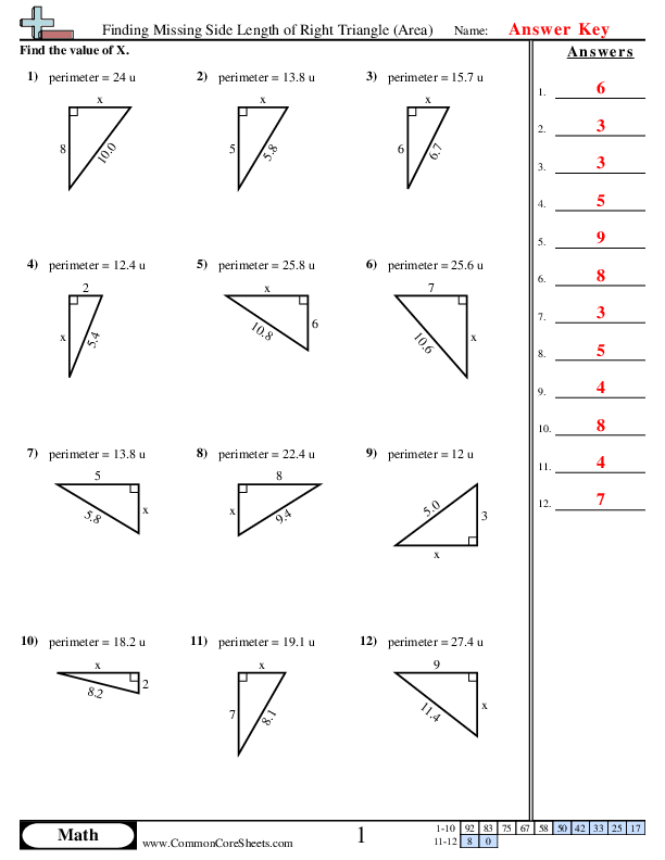 - Finding Missing Side Length of Right Triangle (Area) worksheet